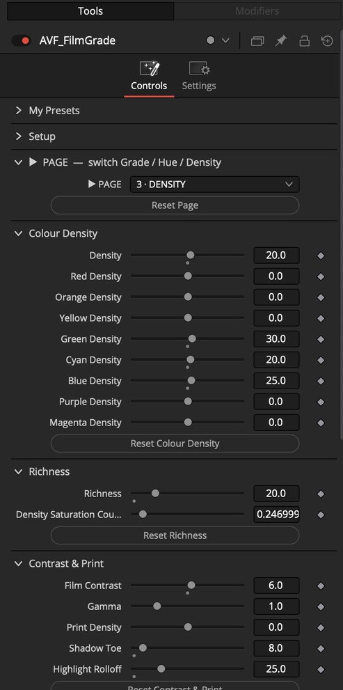 AVF FilmGrade Density page in the Resolve Inspector: Colour Density, Richness, Contrast & Print
