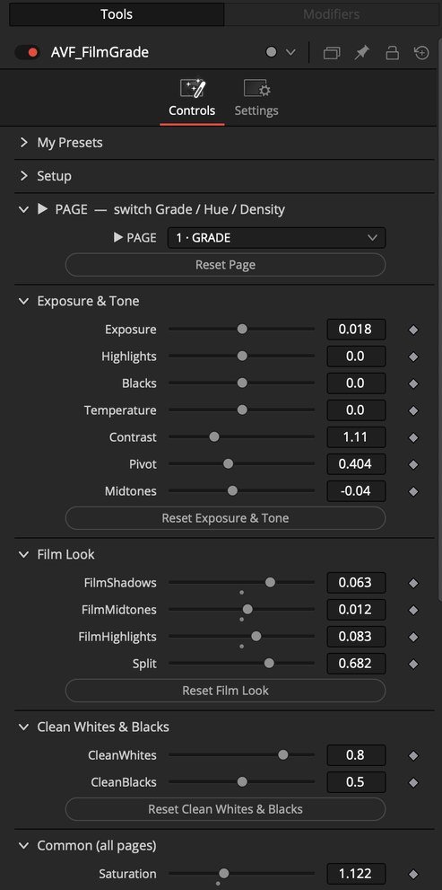 AVF FilmGrade Grade page in the Resolve Inspector: Exposure & Tone, Film Look, Clean Whites & Blacks