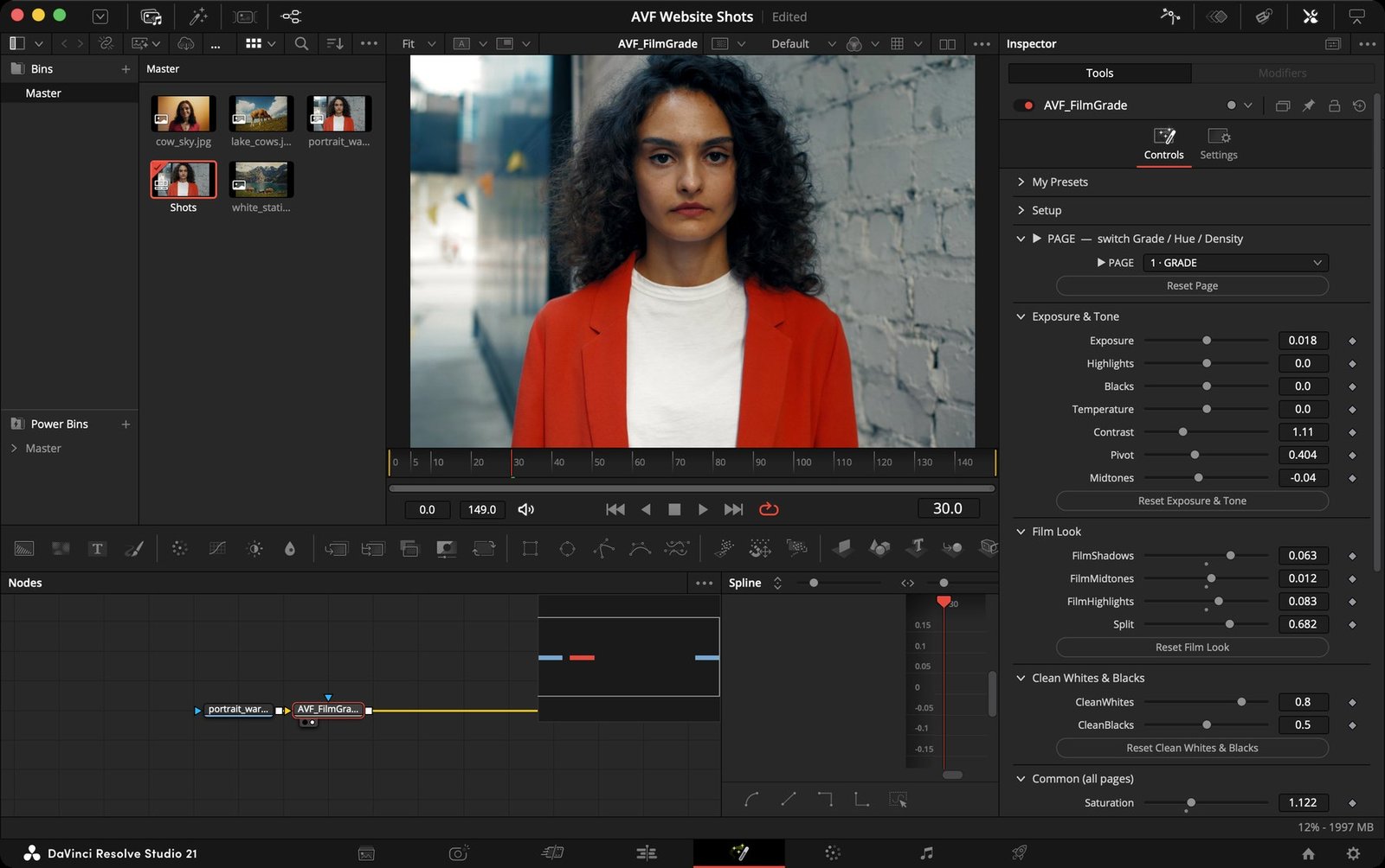DaVinci Resolve Studio 21 with AVF FilmGrade applied: viewer, node graph and the Grade page controls