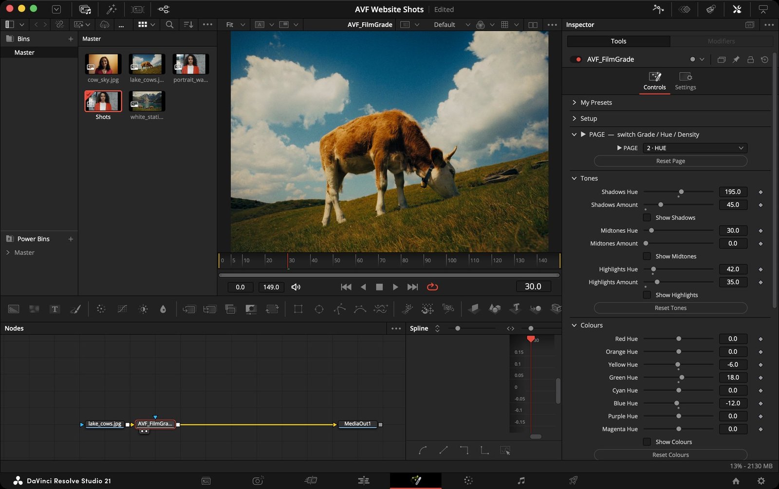 AVF FilmGrade open in DaVinci Resolve, Hue page: Tones and Colours controls in the Inspector