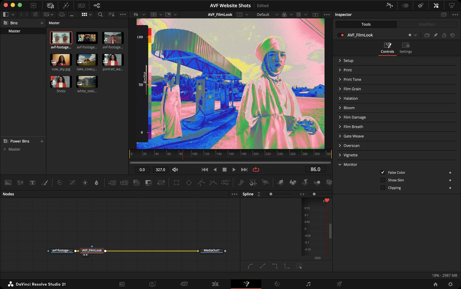 AVF FilmLook False Color view in DaVinci Resolve, with the exposure legend and SKIN marker
