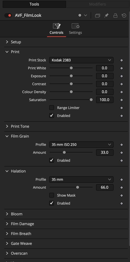 AVF FilmLook in the Resolve Inspector: Print set to Kodak 2383, Film Grain 35 mm ISO 250, Halation 35 mm